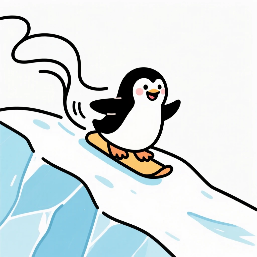 A cheerful cartoon penguin sliding happily across an icy hill.