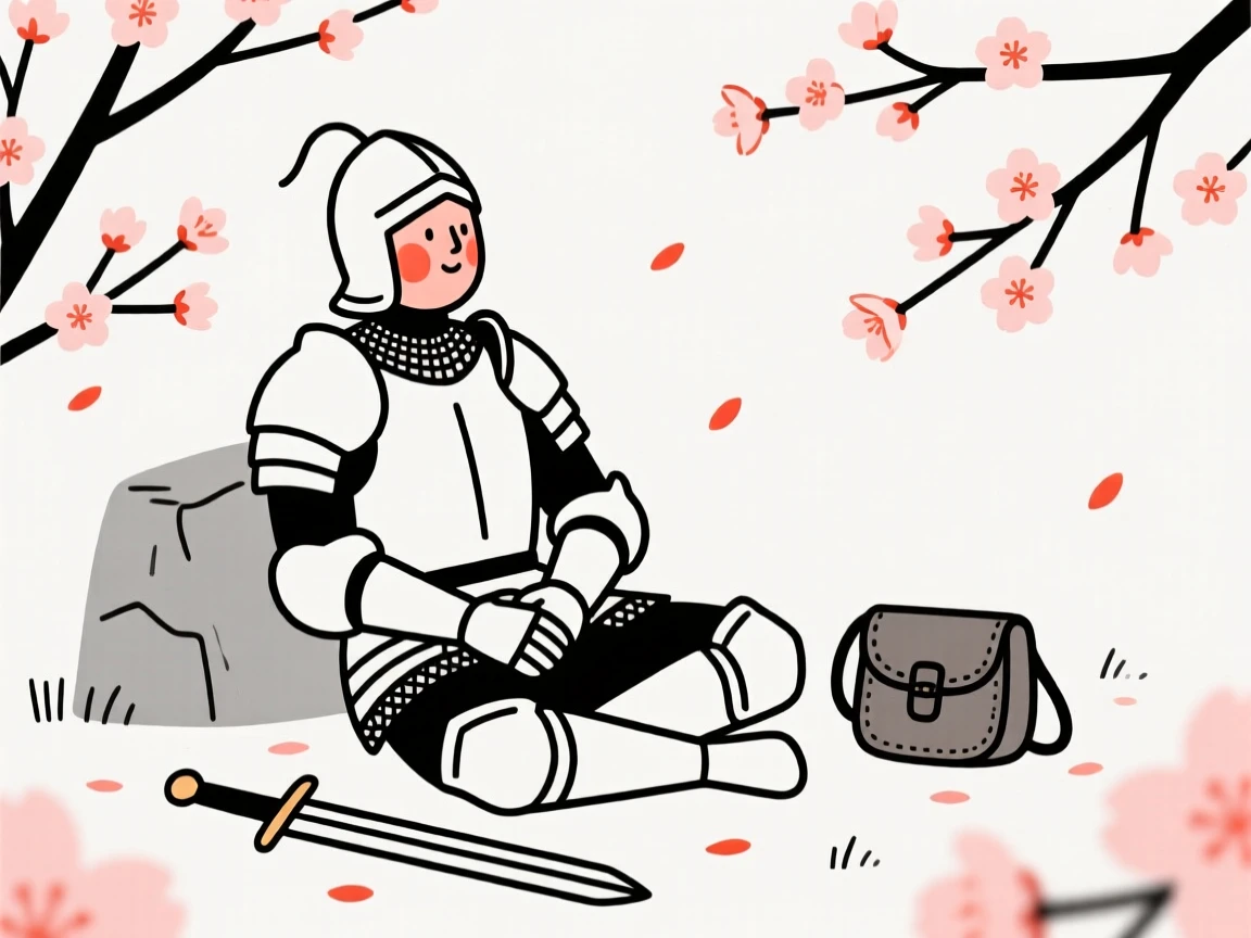A medieval knight resting after a journey, in a blooming cherry blossom garden.