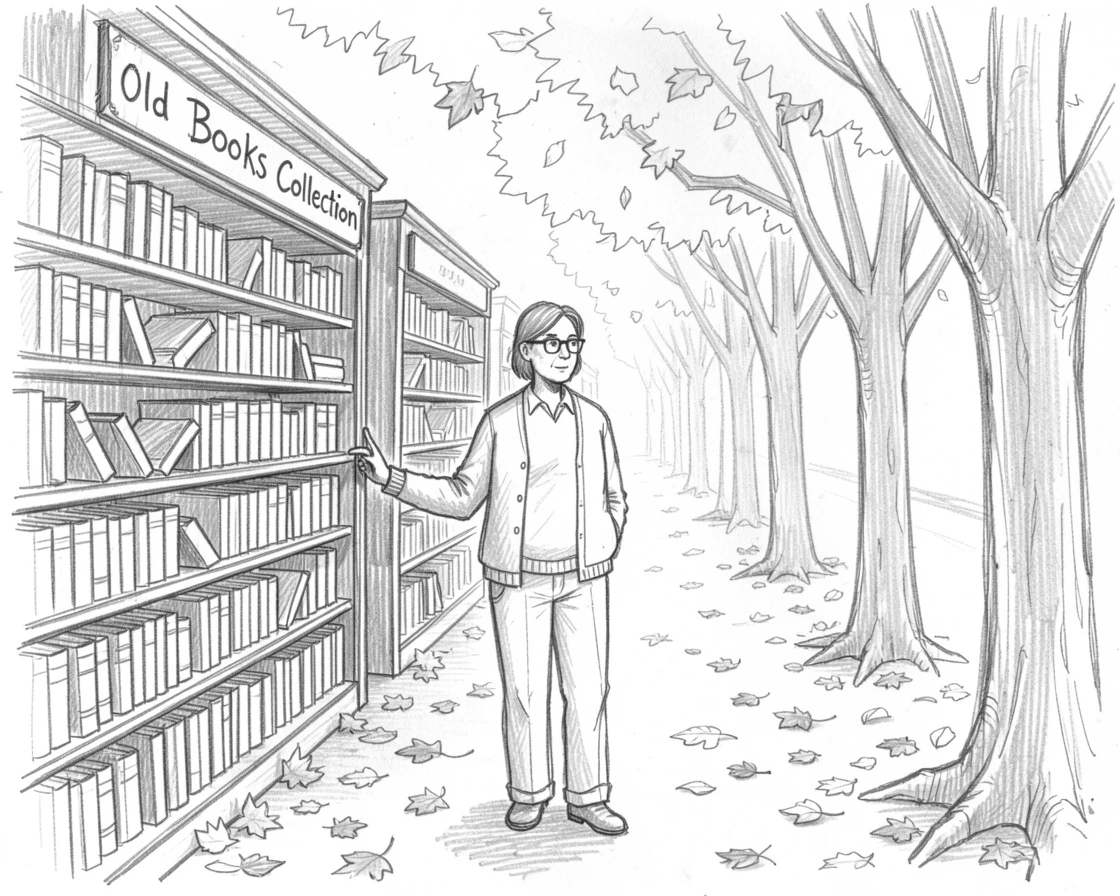 A librarian shelving old books, along a quiet tree-lined avenue, with autumn leaves scattered underfoot.