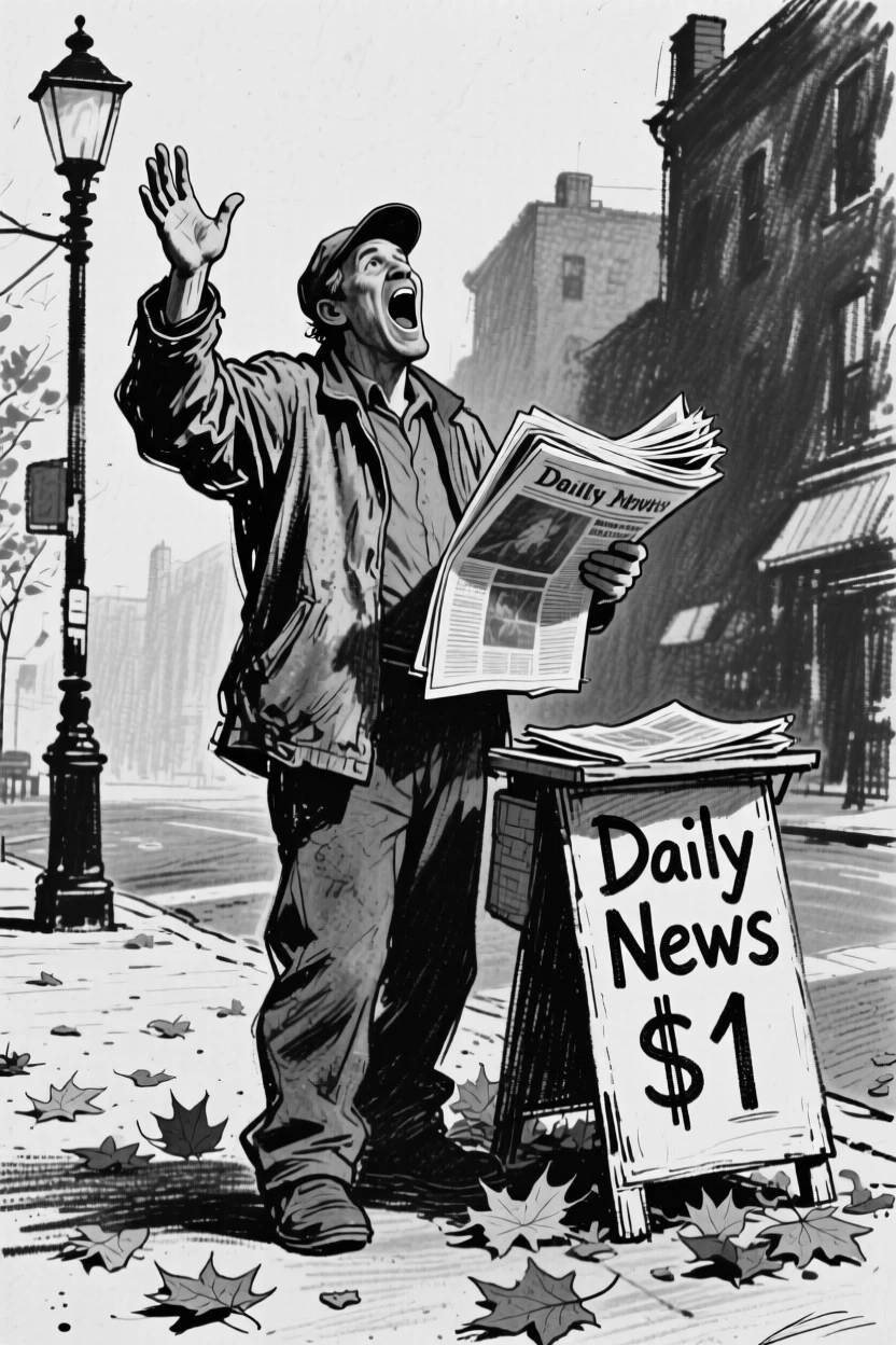 A newspaper vendor calling out headlines on a corner, with autumn leaves scattered underfoot.