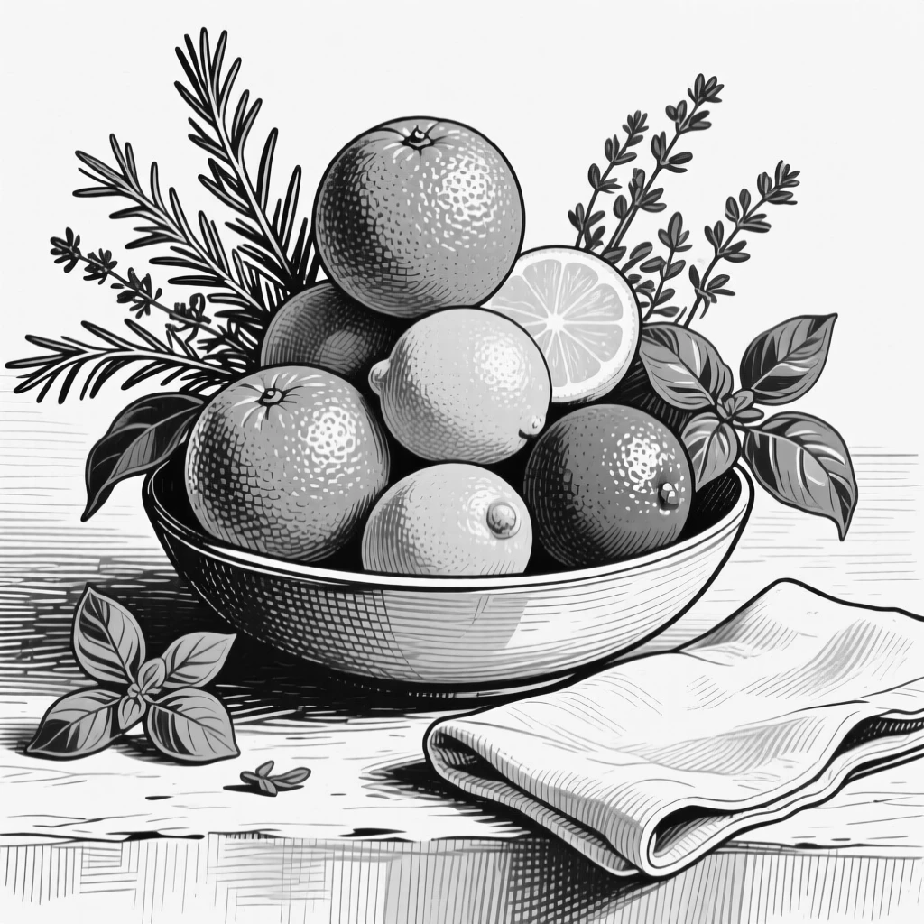 A stack of citrus fruits in a bowl set beside a bouquet of fresh herbs, with a folded linen napkin nearby, presented in a richly appetizing culinary still life.