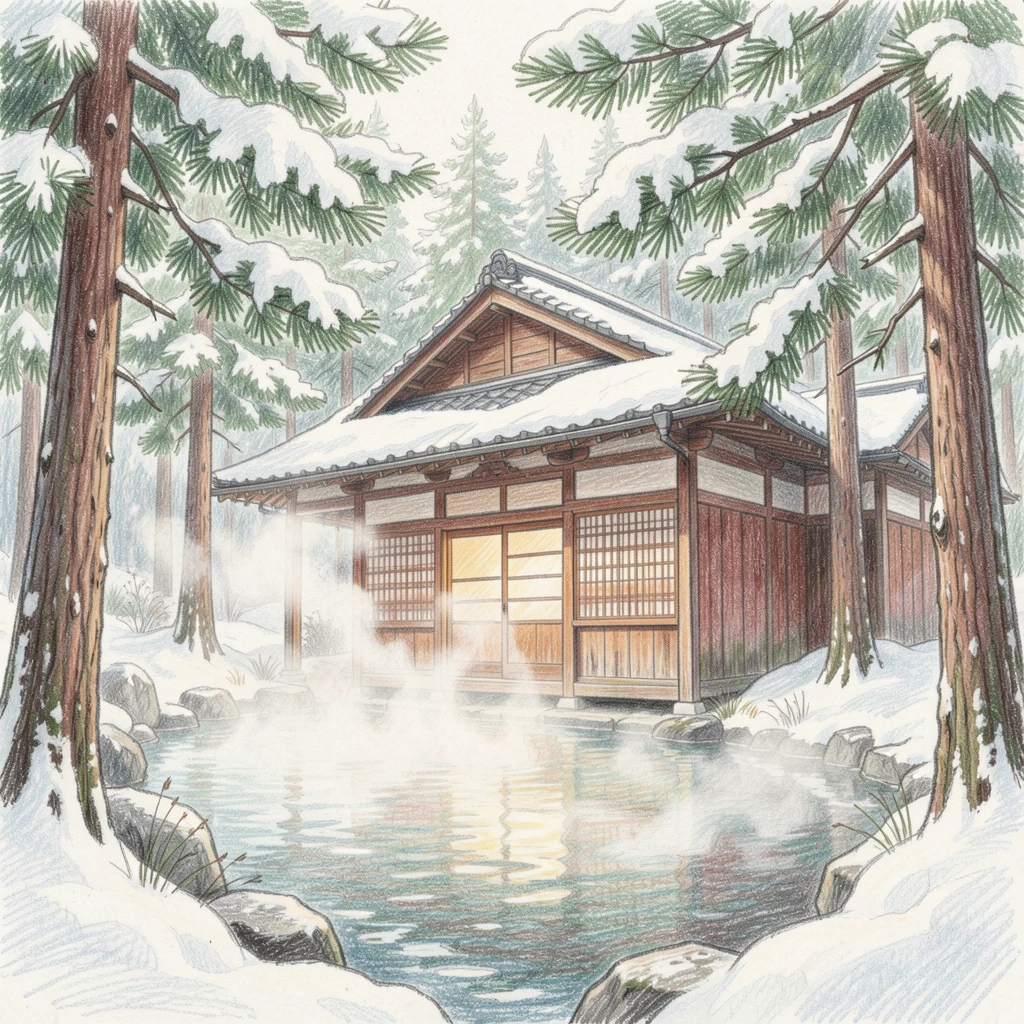 A hot spring bathhouse steaming gently beneath snow-covered pines, framed thoughtfully to draw the eye toward the central subject, celebrating a moment people would love to revisit.