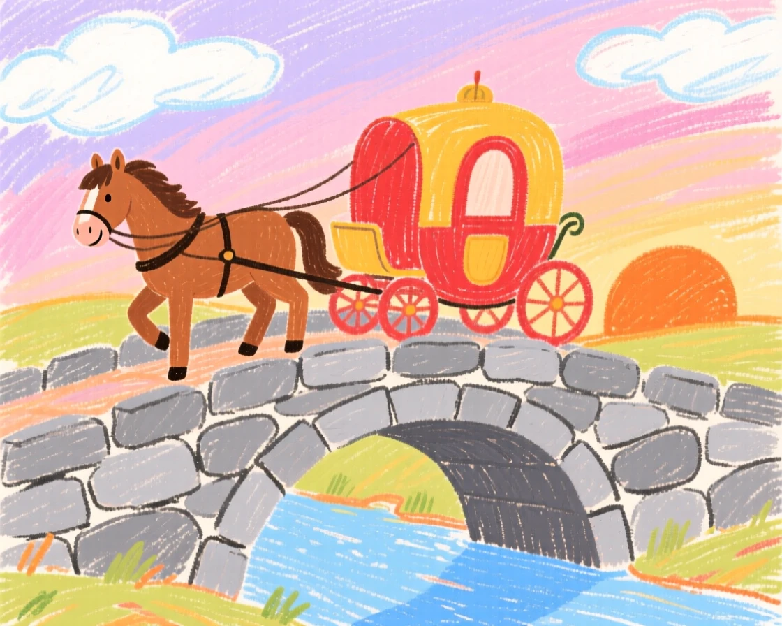 A horse drawn carriage crossing an old stone bridge at sunrise.