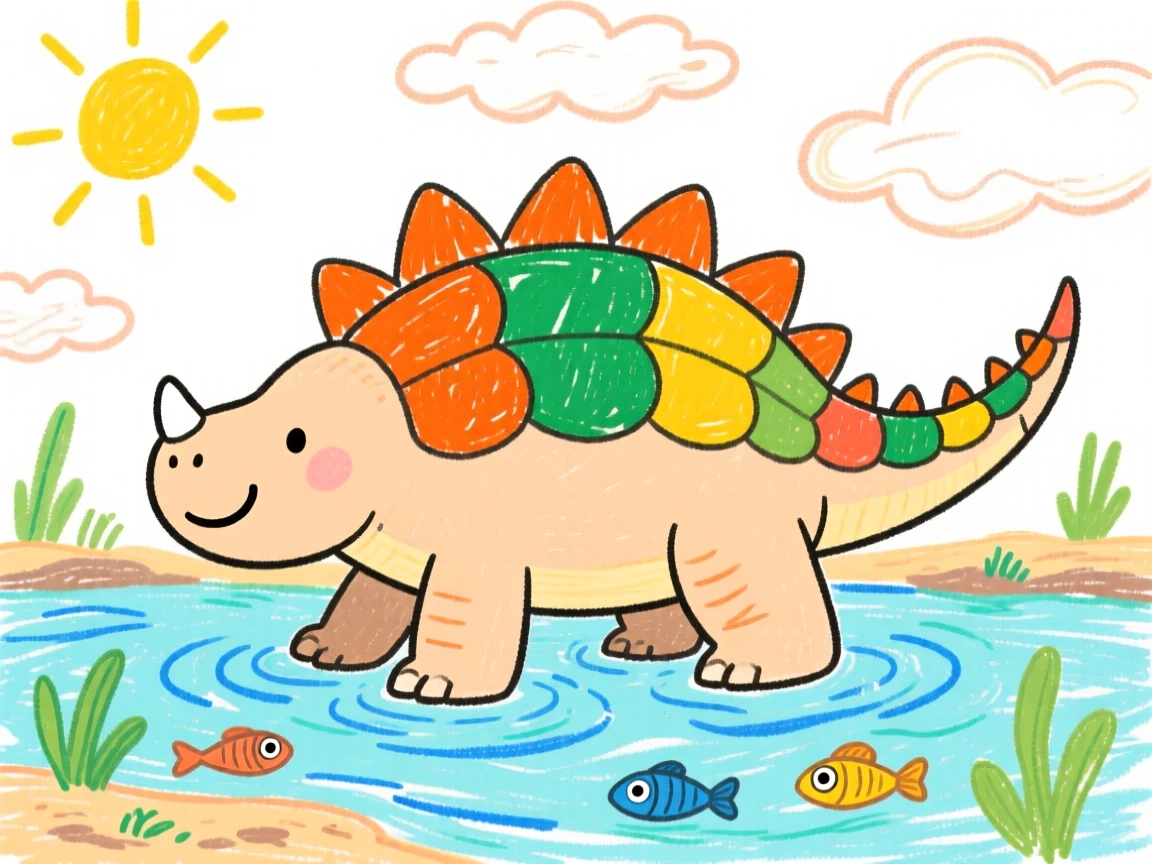 A gentle giant ankylosaurus wading through a shallow prehistoric river.