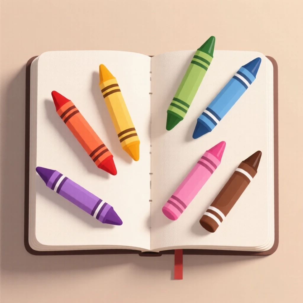 A set of colorful crayons scattered across a sketchbook, set against a soft neutral backdrop, arranged symmetrically for a balanced, pleasing look, with a clean, elegant simplicity.
