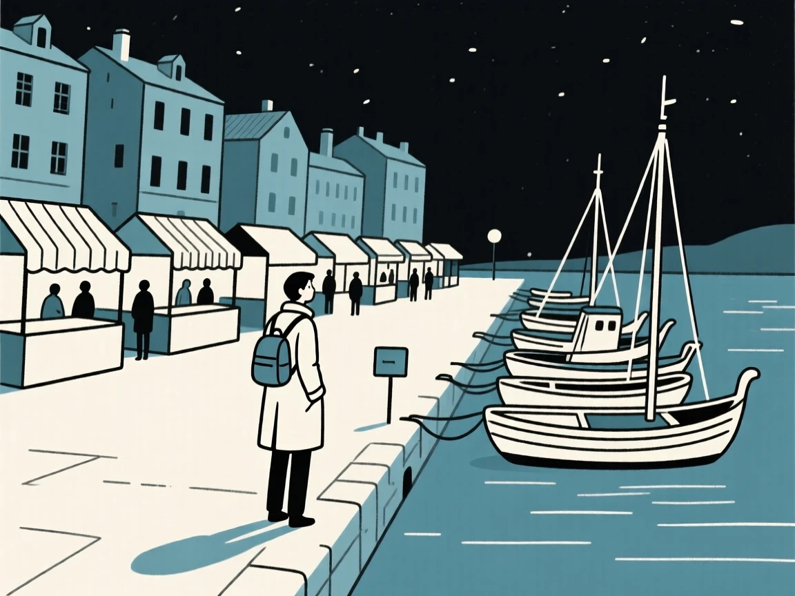 A traveler standing before a bustling night market in an European old town square, with a row of fishing boats nearby, feeling cultural wonder.