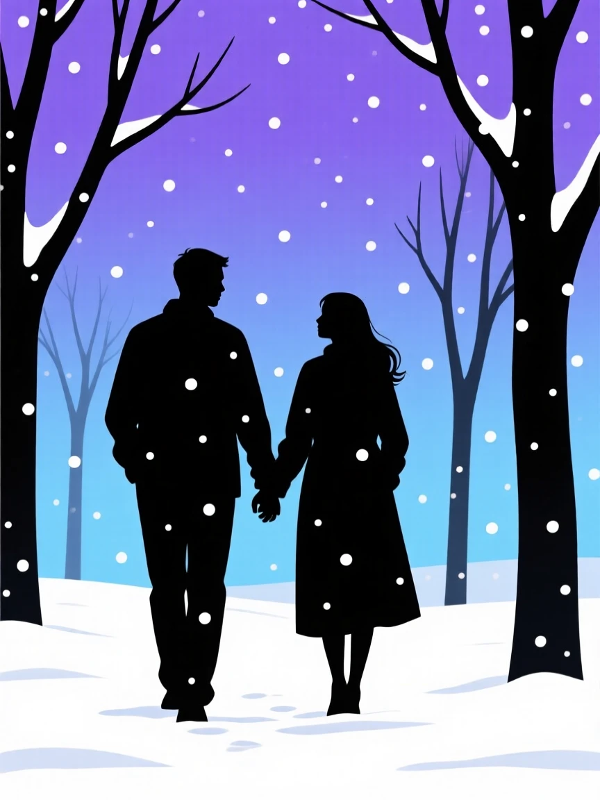 A couple walking hand in hand through a park covered in falling snow.