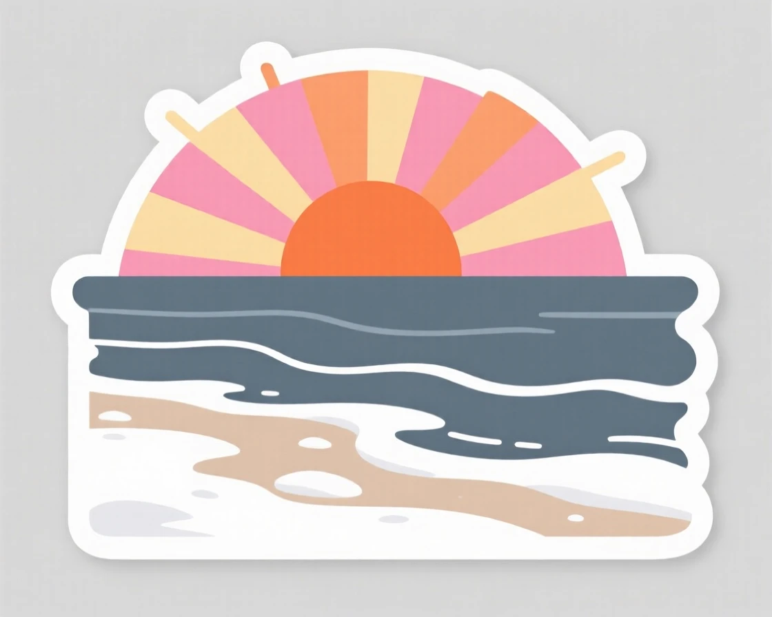 A vibrant sunrise over a calm ocean horizon, dusted with a light layer of fresh snow, on a peaceful weekend getaway.