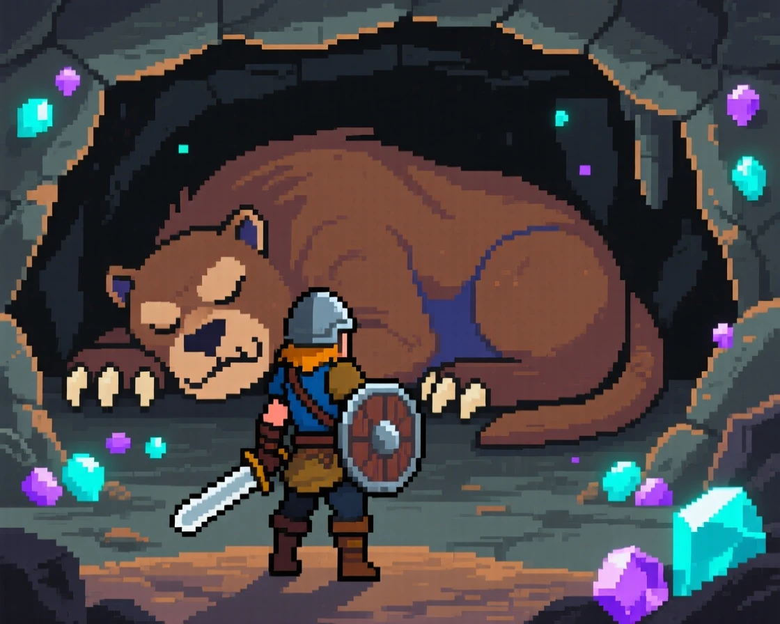 A lone adventurer facing off against a giant slumbering beast, inside a mine filled with glowing gems.