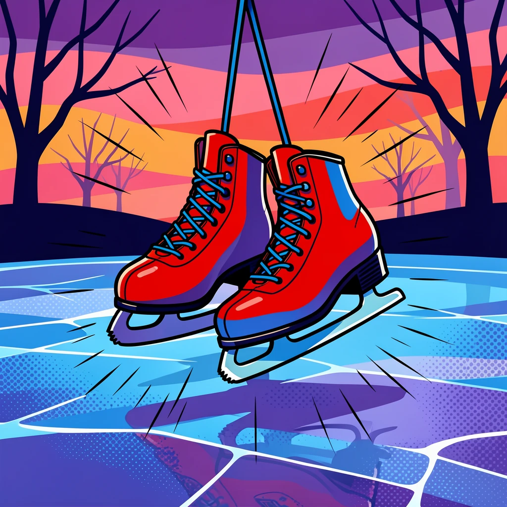A pair of ice skates hanging over a frozen pond at dusk