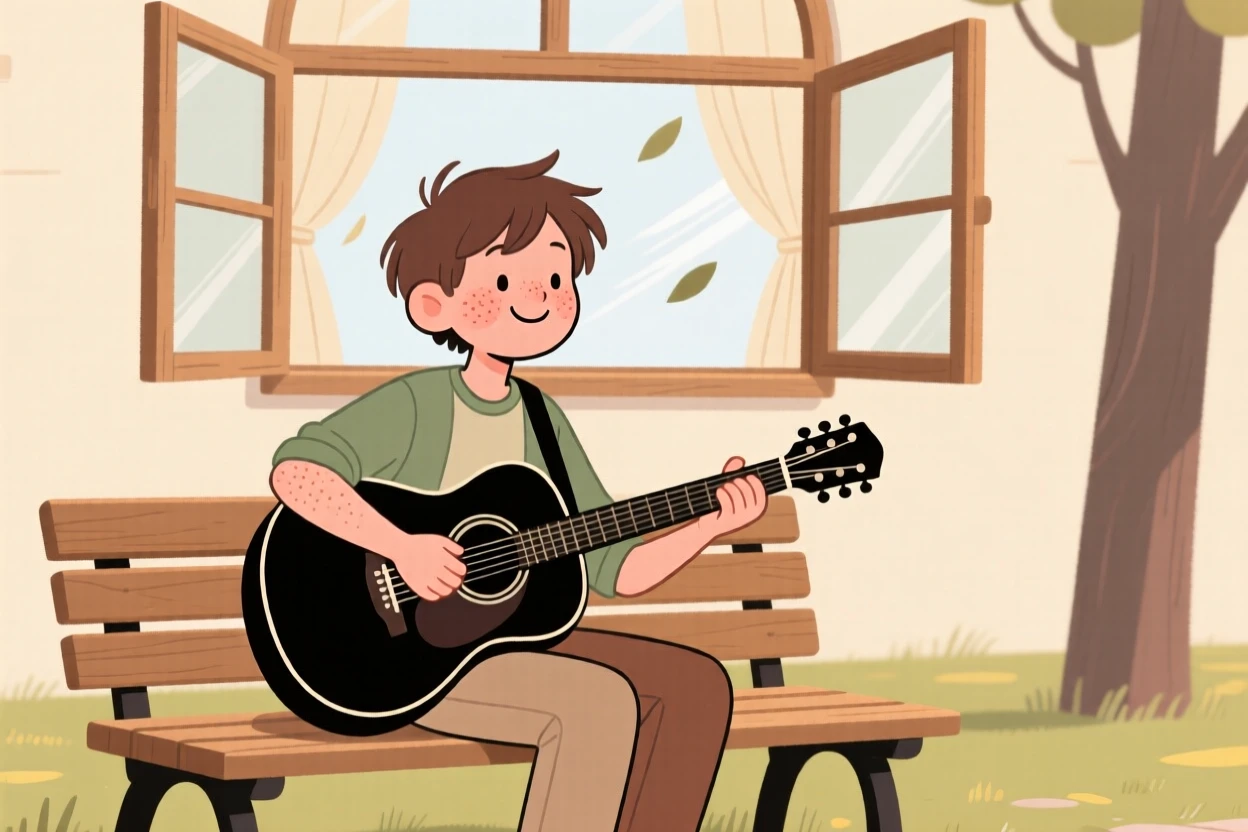 A teenage guitarist sits on a park bench practicing a gentle melody, fully absorbed as a cool breeze drifts through the open window.