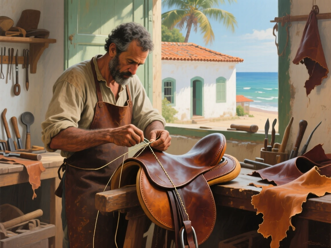 A centered composition of a leatherworker stitching a saddle by hand, in a Brazilian coastal town, at midday.