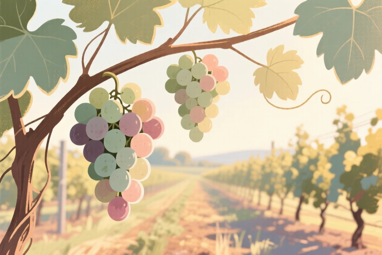 A vine of grapes hanging heavy in a sun-drenched vineyard
