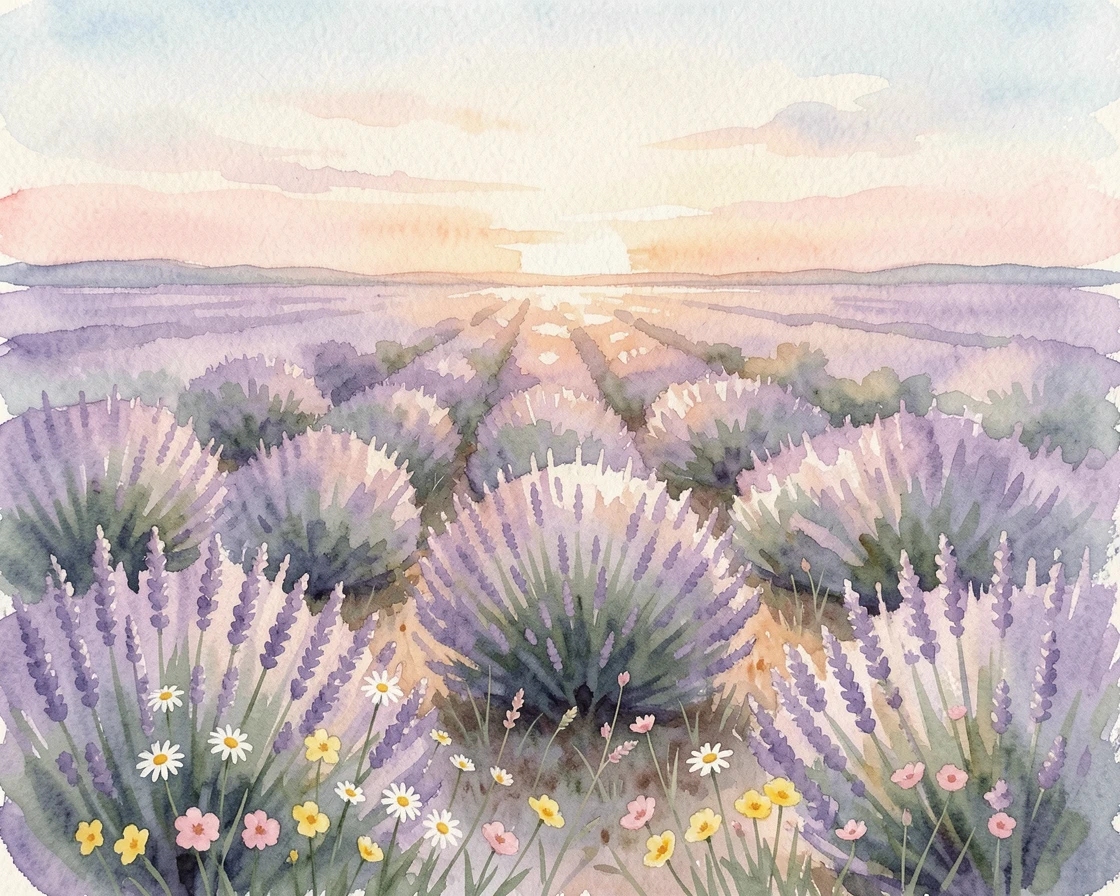 A lavender field stretching to the horizon during a soft sunrise with wildflowers scattered across the foreground.