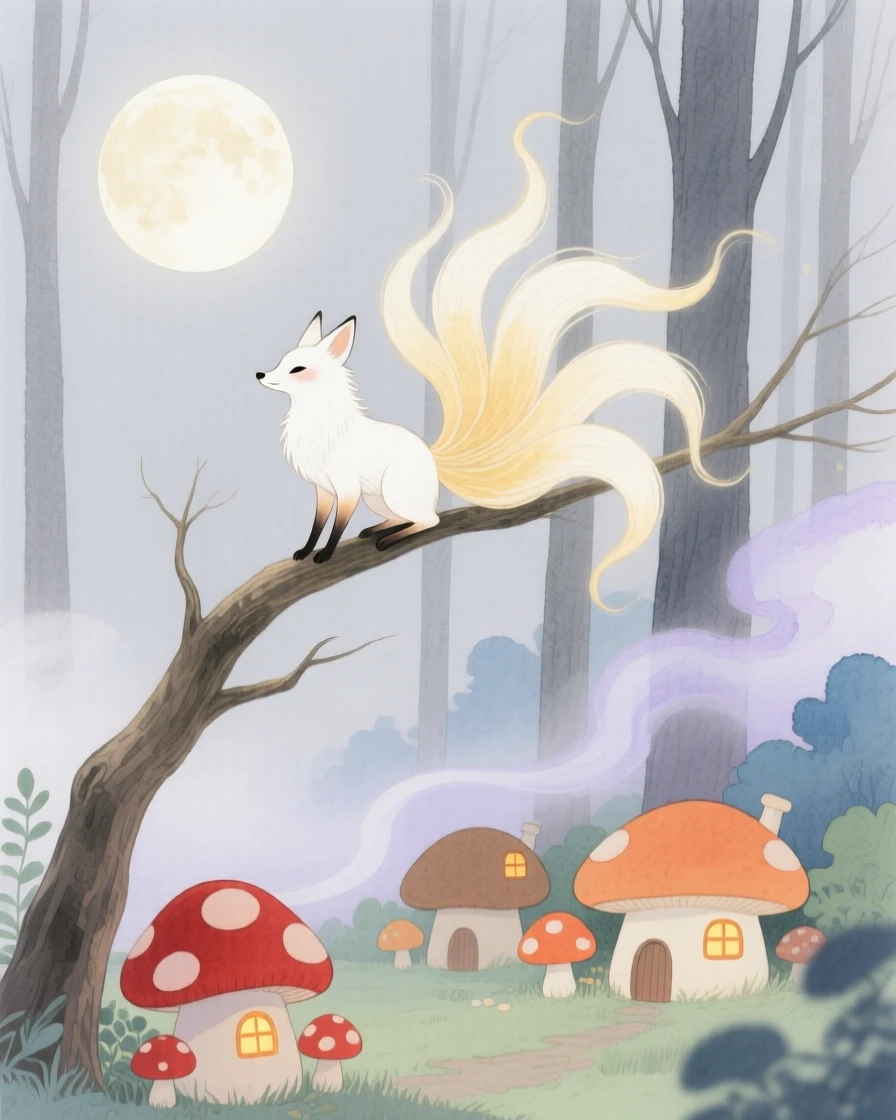 A tiny kitsune spirit perches on a moonlit branch in a village of tiny mushroom houses, as a gentle mist curls through the trees