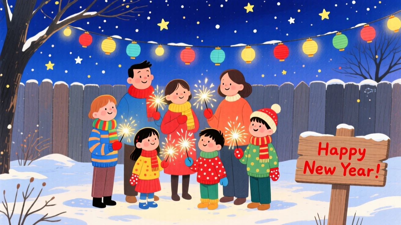A heartwarming holiday moment: a New Year's Eve gathering with sparklers under a starry sky.