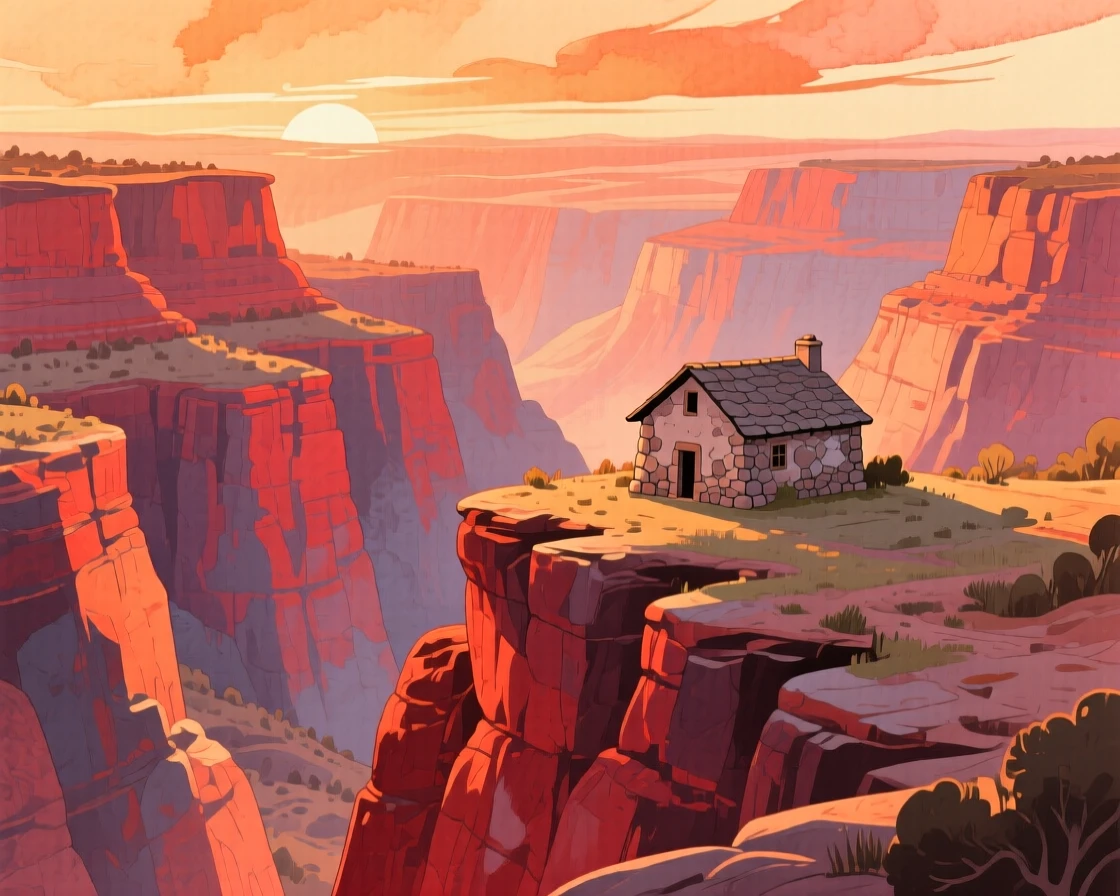 A canyon glowing orange and red at sunset, with a small stone cottage nestled in the distance, evoking peaceful serenity and awe.