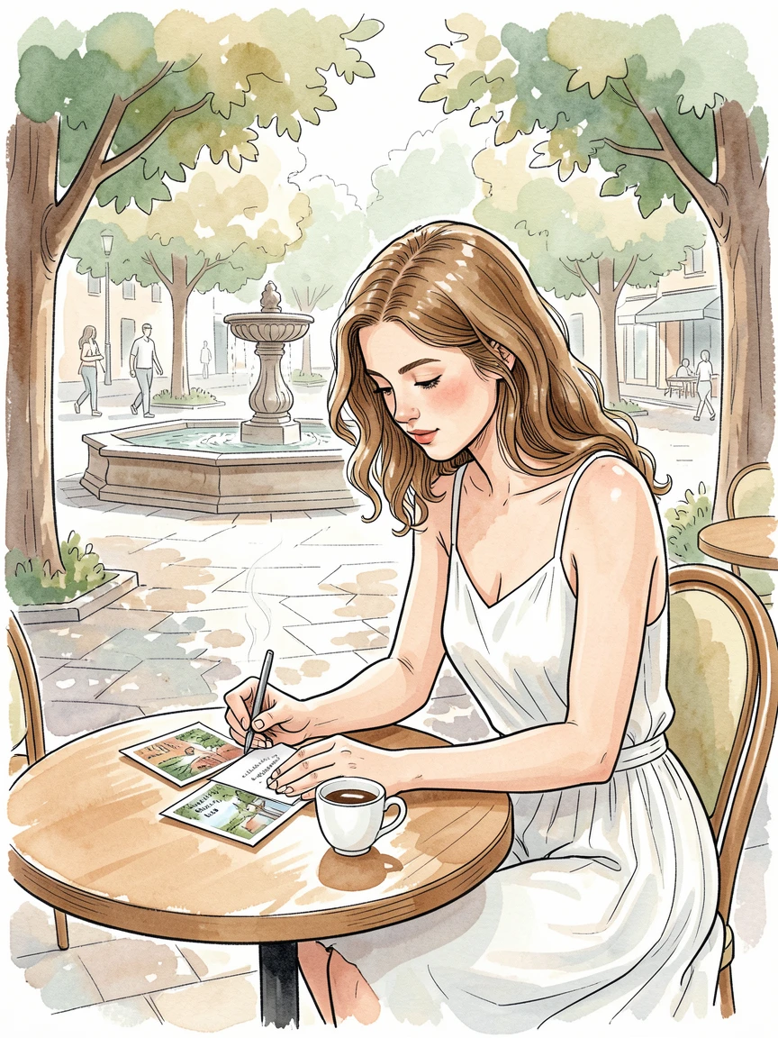 A young woman writing postcards at a café table overlooking a plaza, a warm and unhurried mood settling over the moment.