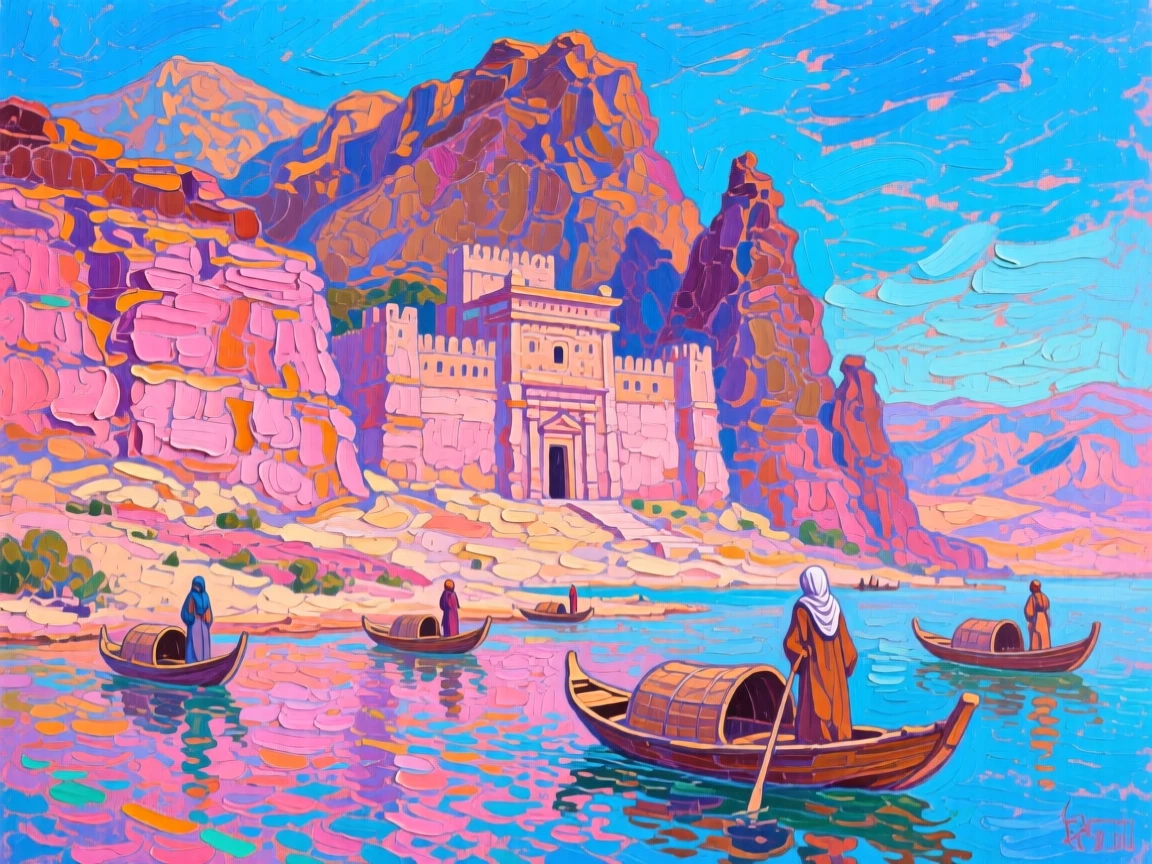 A vast desert citadel carved into rose-colored cliffs, with mountains rising dramatically in the background, boats gliding slowly along the water, under a vivid blue midday sky.