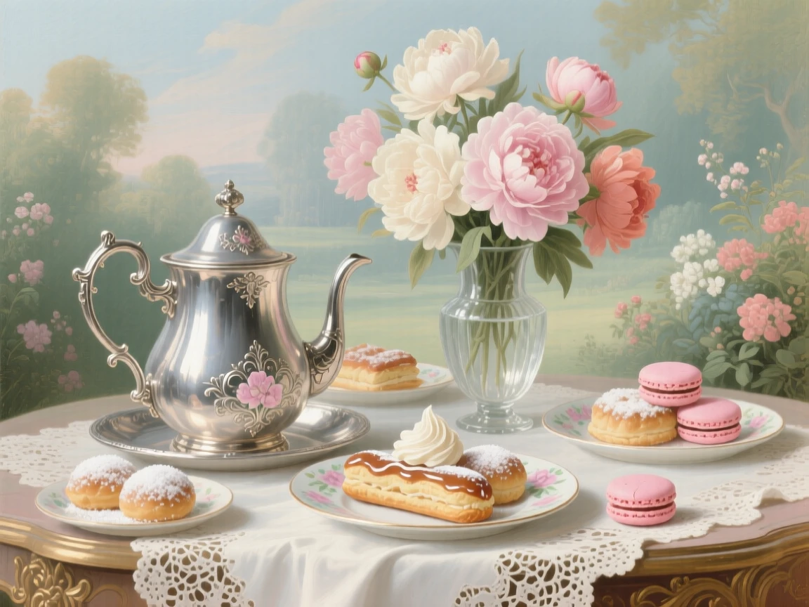 A silver tea service beside delicate pastries and a vase of peonies  