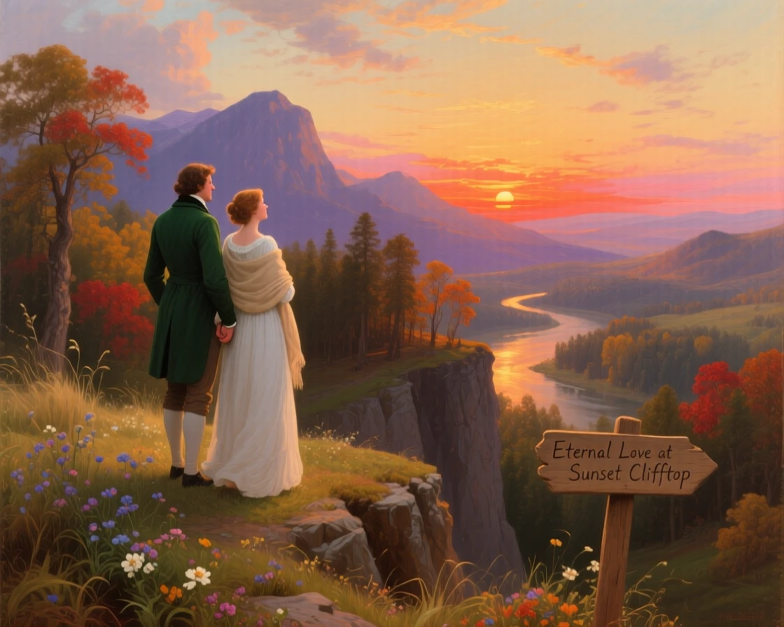Two lovers watch the sunset together from a quiet clifftop.