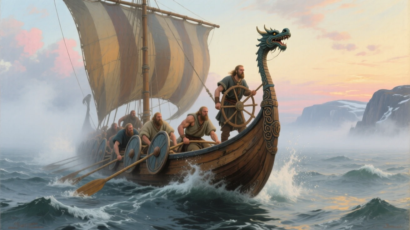 A Viking longship cutting through misty northern seas at dawn, with dust and motion conveying the energy of the historical moment, capturing the grandeur and detail of a bygone era