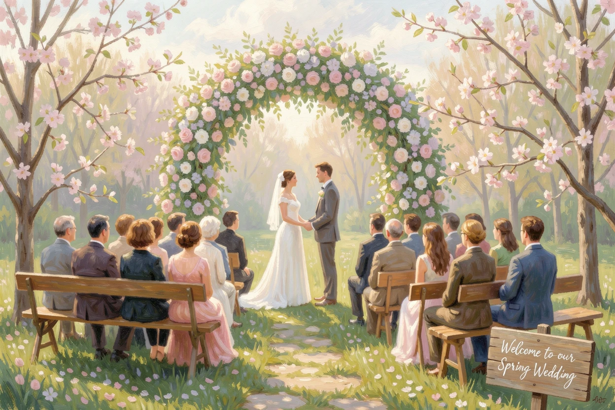 A garden wedding ceremony beneath a flower-covered arch as guests watch from wooden benches, just as the first blossoms of spring appear, radiating joy and gentle celebration.