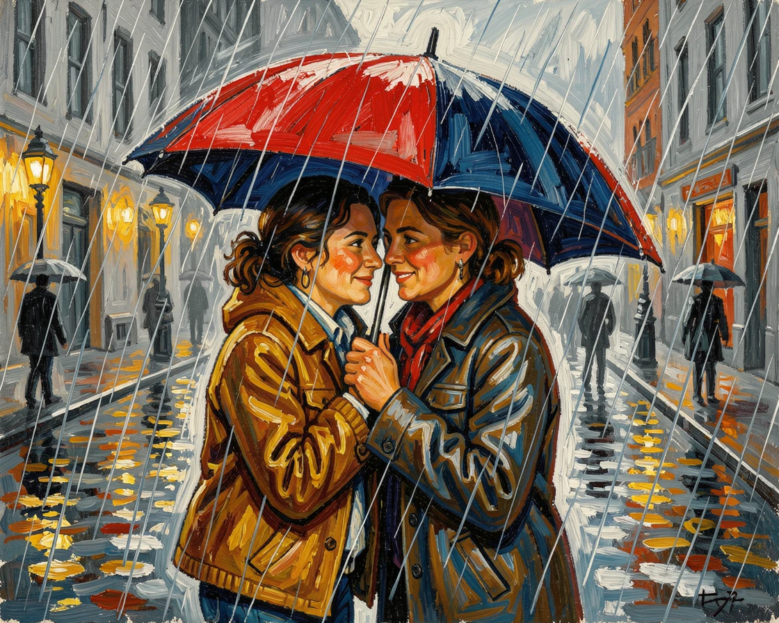 Two friends sharing an umbrella, huddled close as rain pours around them.