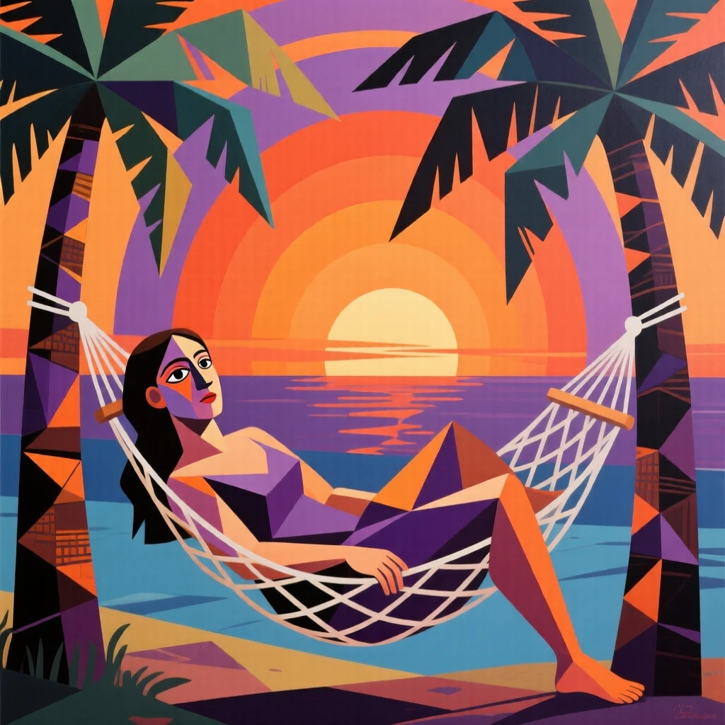 A woman relaxing in a hammock strung between two palm trees at sunset.