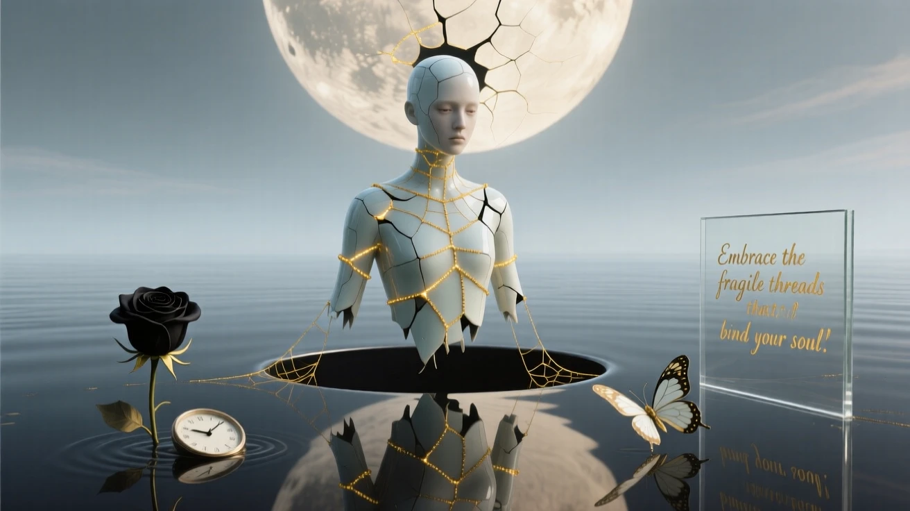 A figure made of cracked porcelain held together by golden thread hovers weightlessly above a calm, reflective surface, as everything else fades quietly into muted color.