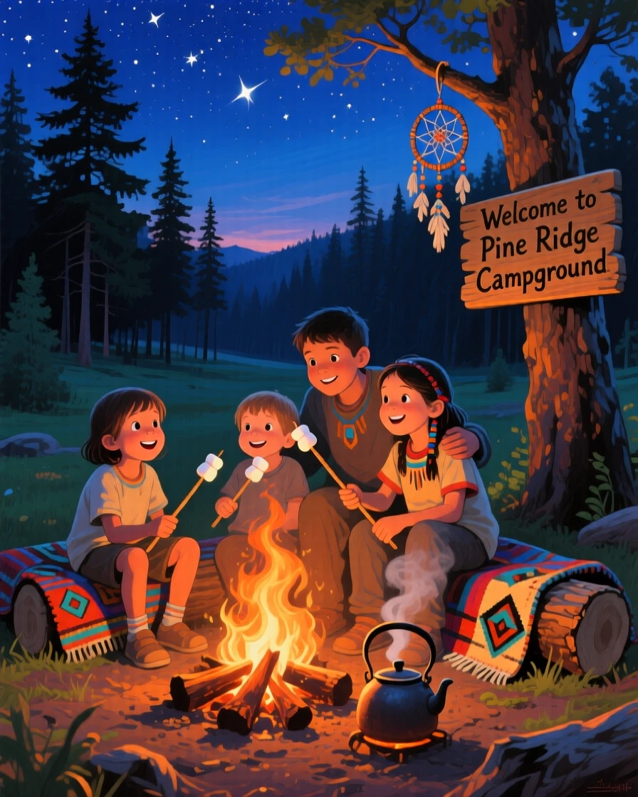 A family gathers around a crackling campfire roasting marshmallows, children's faces glowing warmly as stars begin to appear in the darkening sky above, their surroundings offering subtle clues about culture, place, and the moment being lived.