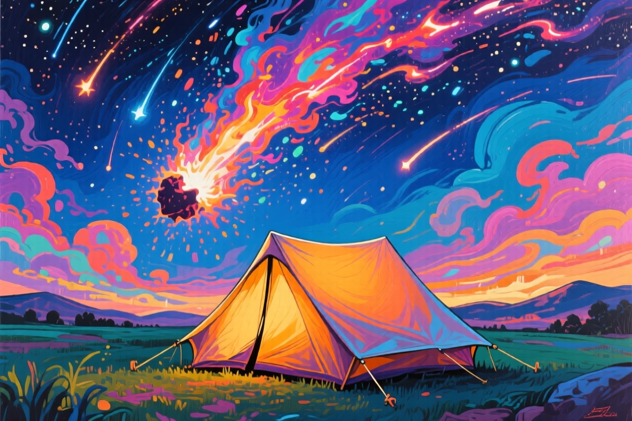 a lone camping tent standing as a meteor shower streaks overhead
