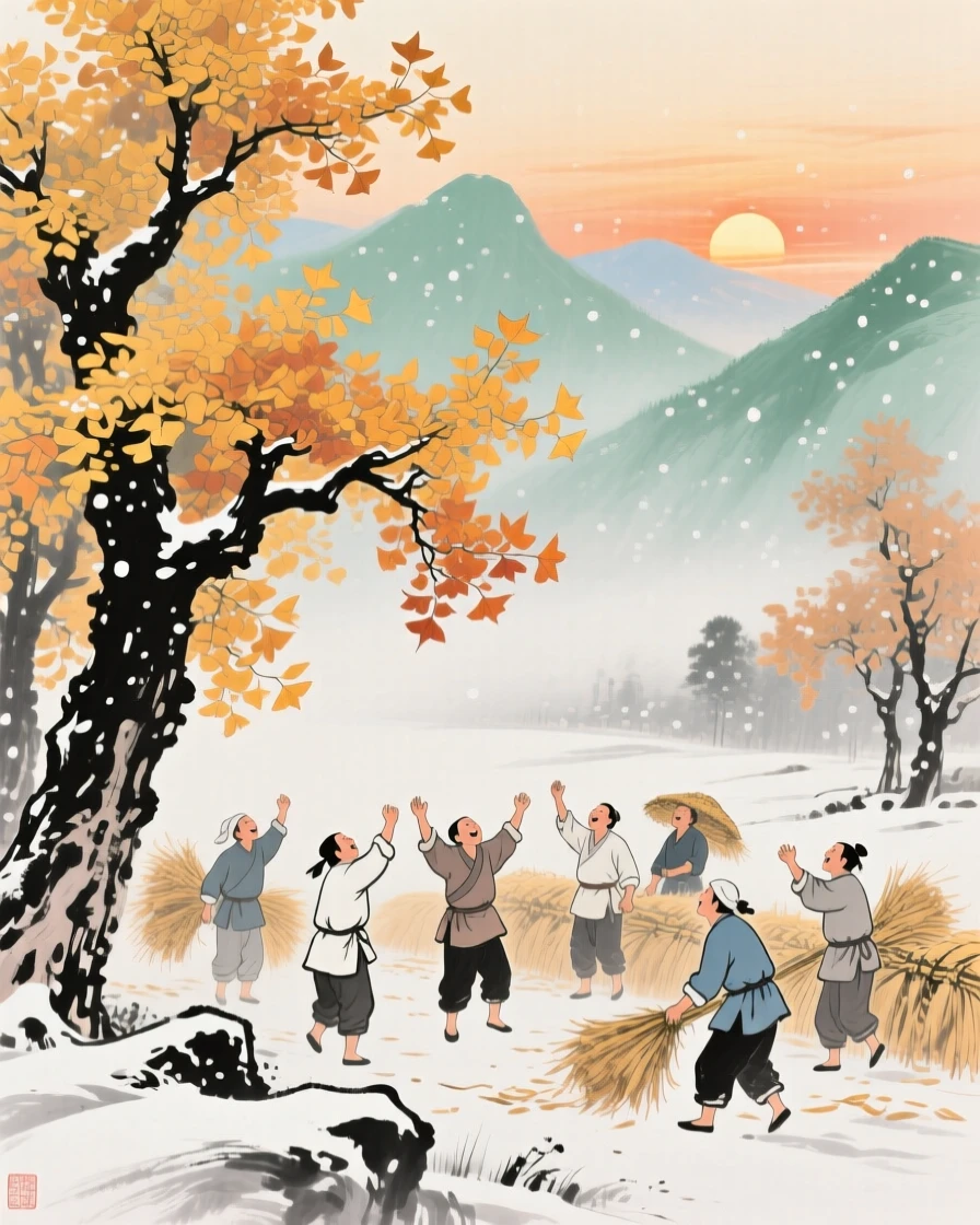 Farmers celebrating a bountiful harvest beneath golden autumn trees, as the sun sets behind distant peaks, under the first snow of winter, imbued with timeless calm.