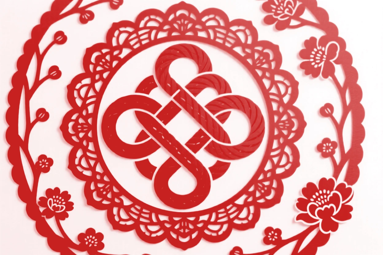 An endless knot of red cord, arranged within a circular medallion, an emblem of protection and quiet strength.