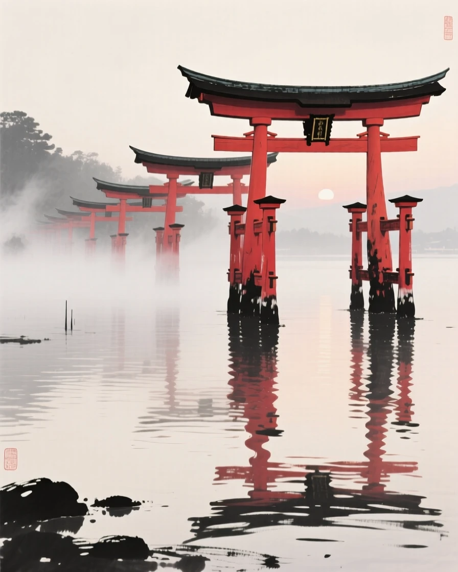 A row of red temple gates surrounded by drifting mist at dawn, seen from across still water, reflected on the surface, suggesting timeless craftsmanship and peaceful tradition.