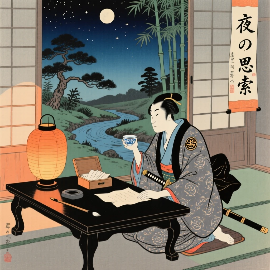 A samurai at a lantern-lit table late at night.