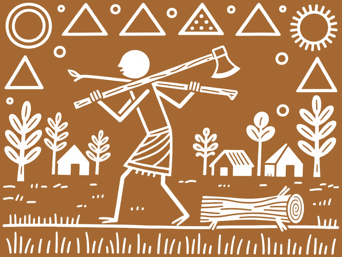 A woodcutter carrying tools home after a long day.