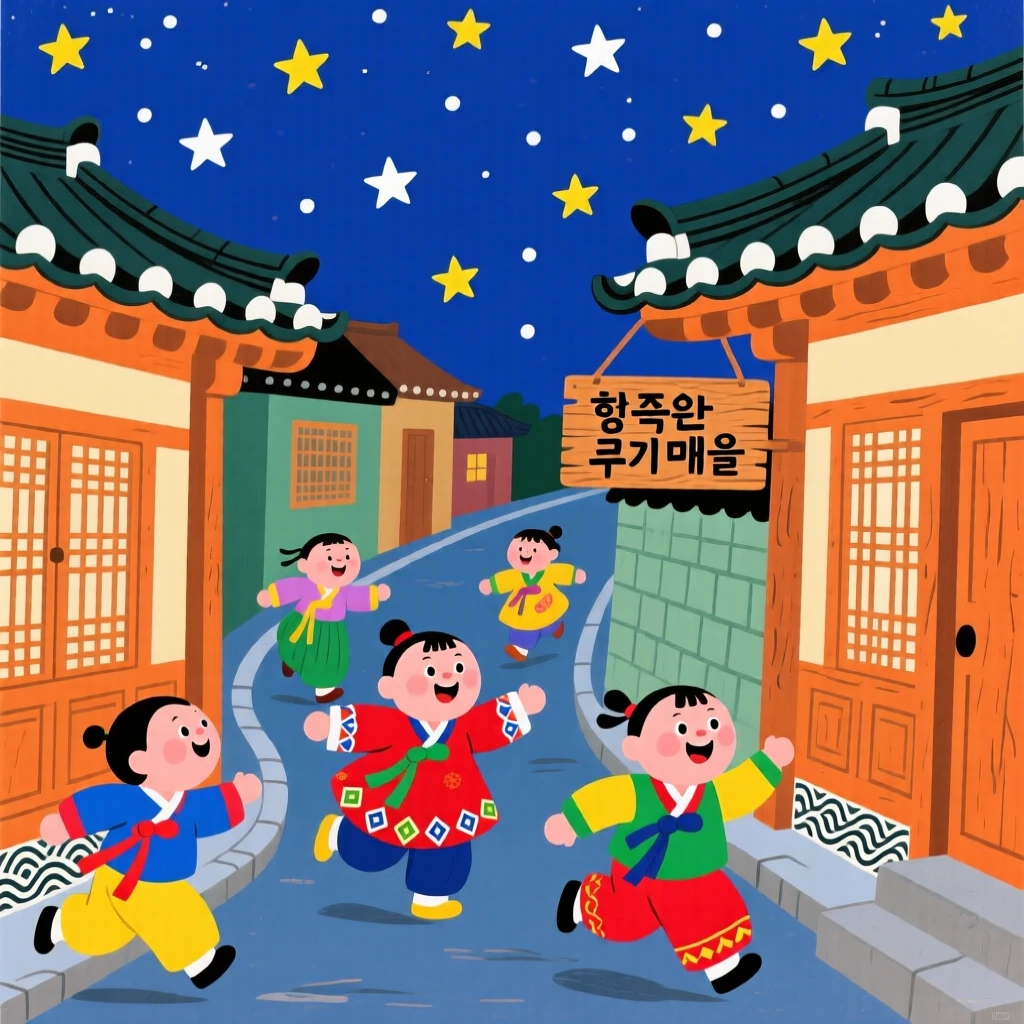 Children chasing each other through a village lane under a starlit sky.