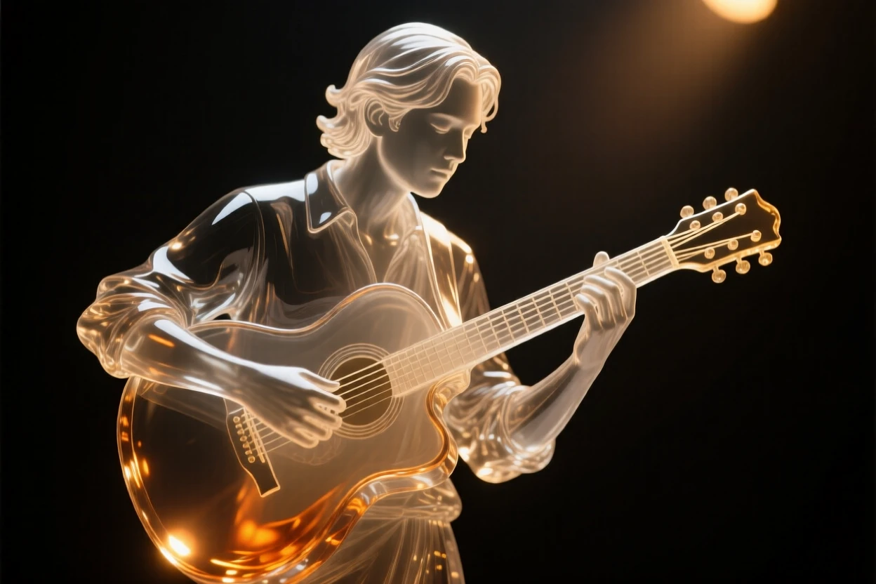 A musician playing under warm stage light framed in a close, intimate composition, soft rim light outlining the silhouette, evoking warmth and connection.