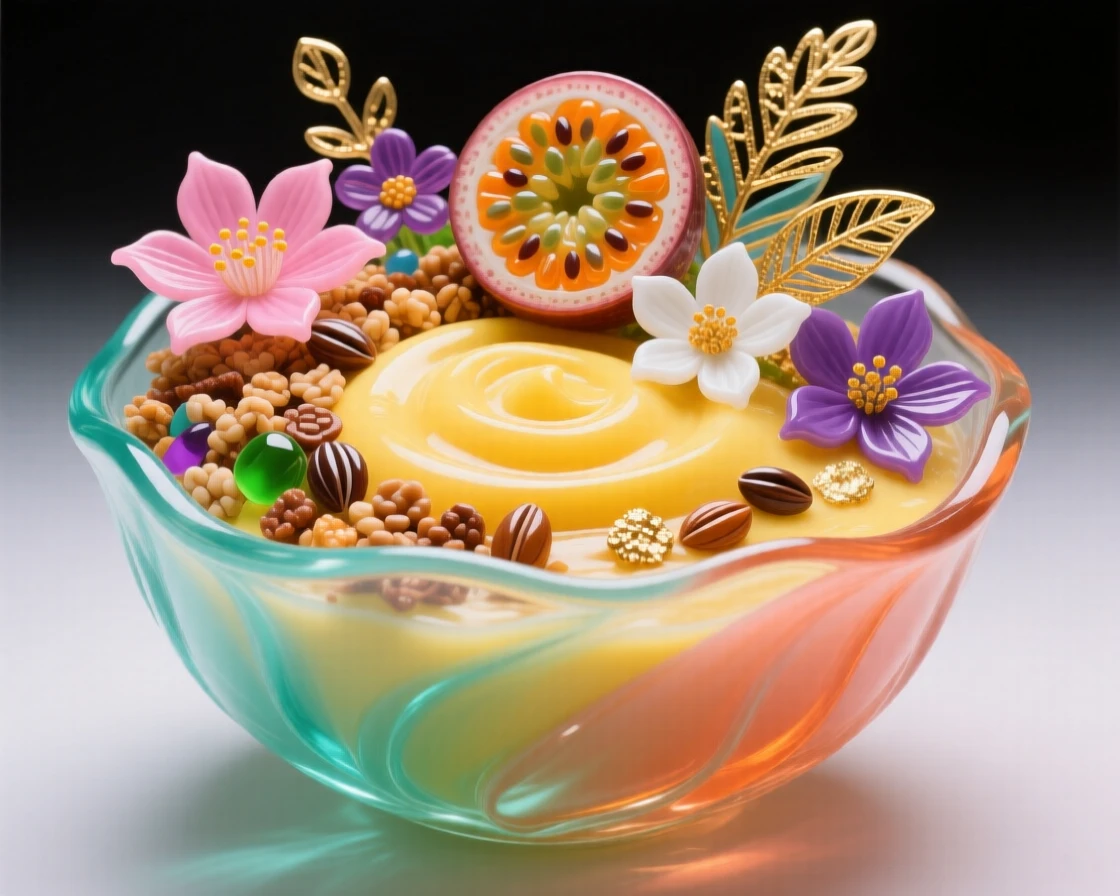 A tropical fruit smoothie bowl topped with granola and edible flowers, vibrant and healthy.