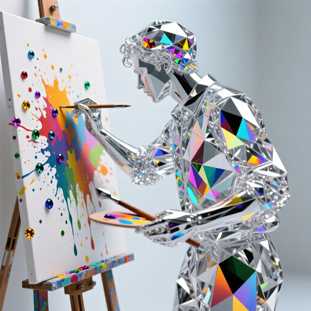 An artist covered in paint splatters, deeply focused on a large canvas mural.