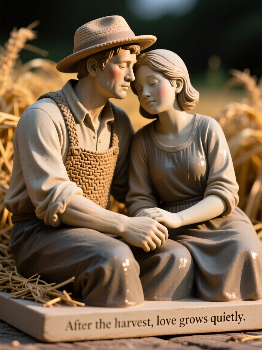 A farmer resting after a long harvest day leaning gently toward a loved one, illuminated by a warm, golden glow, evoking tenderness and quiet intimacy.