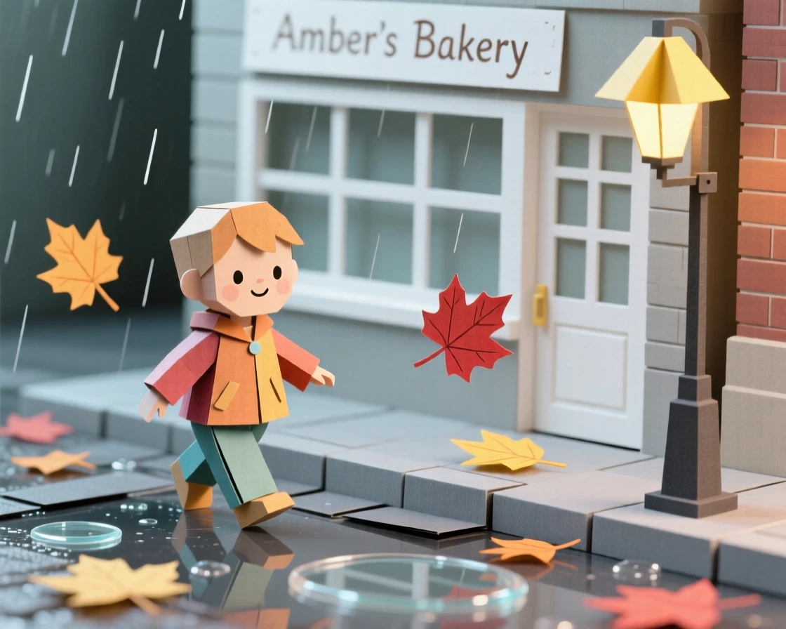 A curious toddler strolling along a rain-soaked city street, with autumn leaves drifting past, evoking warmth and quiet connection.