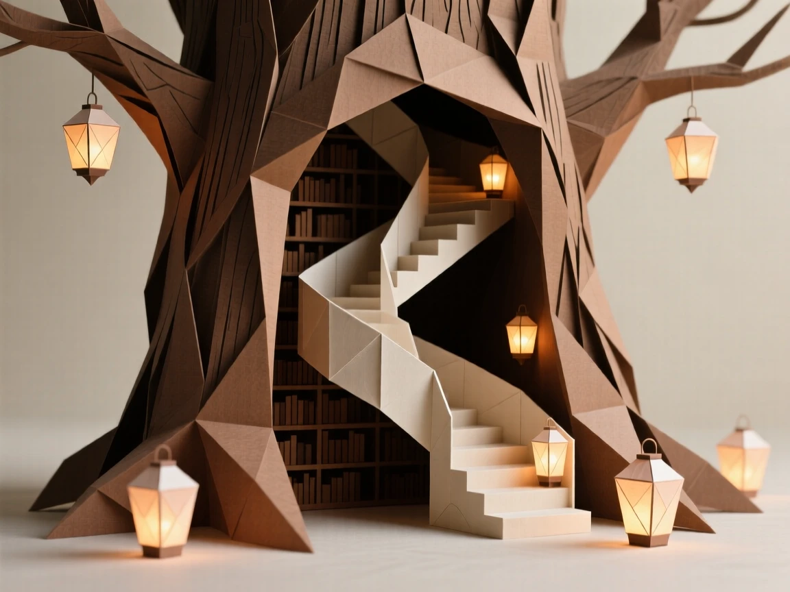 A hidden library built into the hollow of an enormous ancient tree, glowing lanterns lighting spiral staircases.