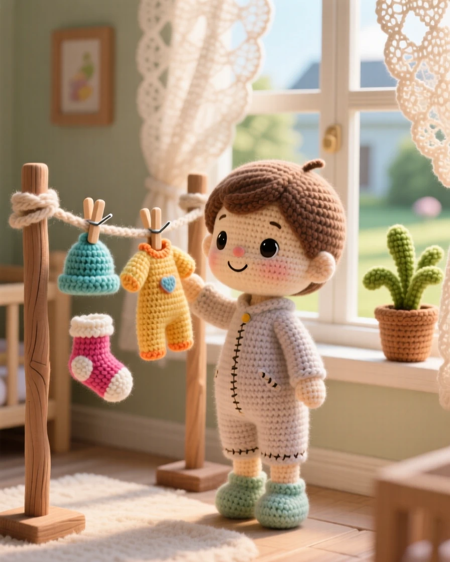 a small child hanging laundry on a line, in a sunny backyard, pinning small clothes to a clothesline, in a soft-lit nursery with gentle curtains, with a small potted plant on the windowsill nearby, radiating gentle contentment in a small daily ritual.