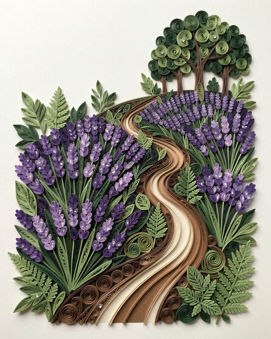 A serene botanical study of a hillside covered in blooming lavender rows along a winding forest path, with morning dew glistening on every petal, arranged asymmetrically for a natural, organic feel.