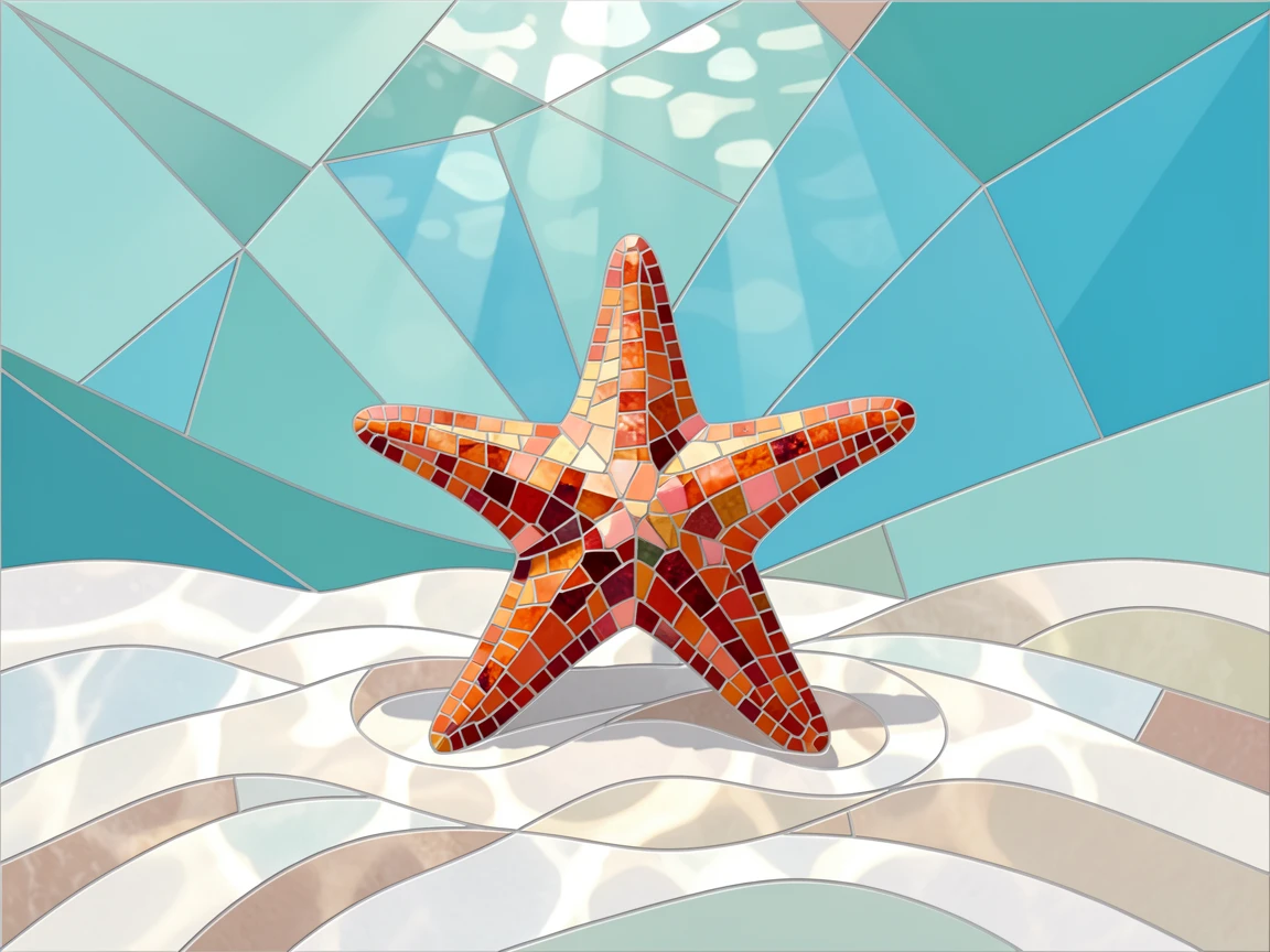 A starfish resting on a bed of white sand beneath clear water.