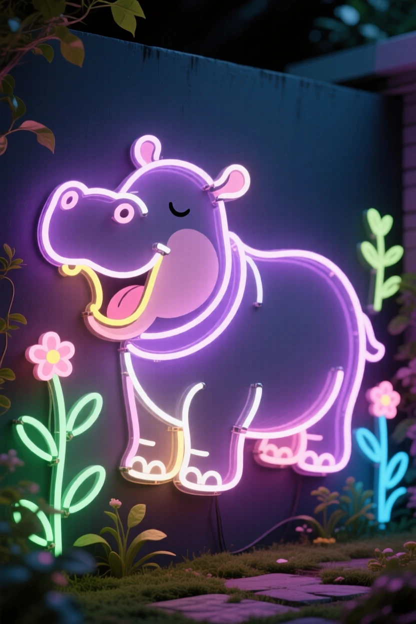 a baby hippo yawning in a quiet backyard garden.