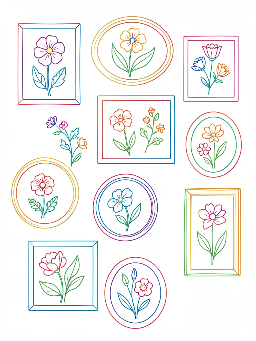 A display of pressed flowers framed and arranged on a gallery wall.