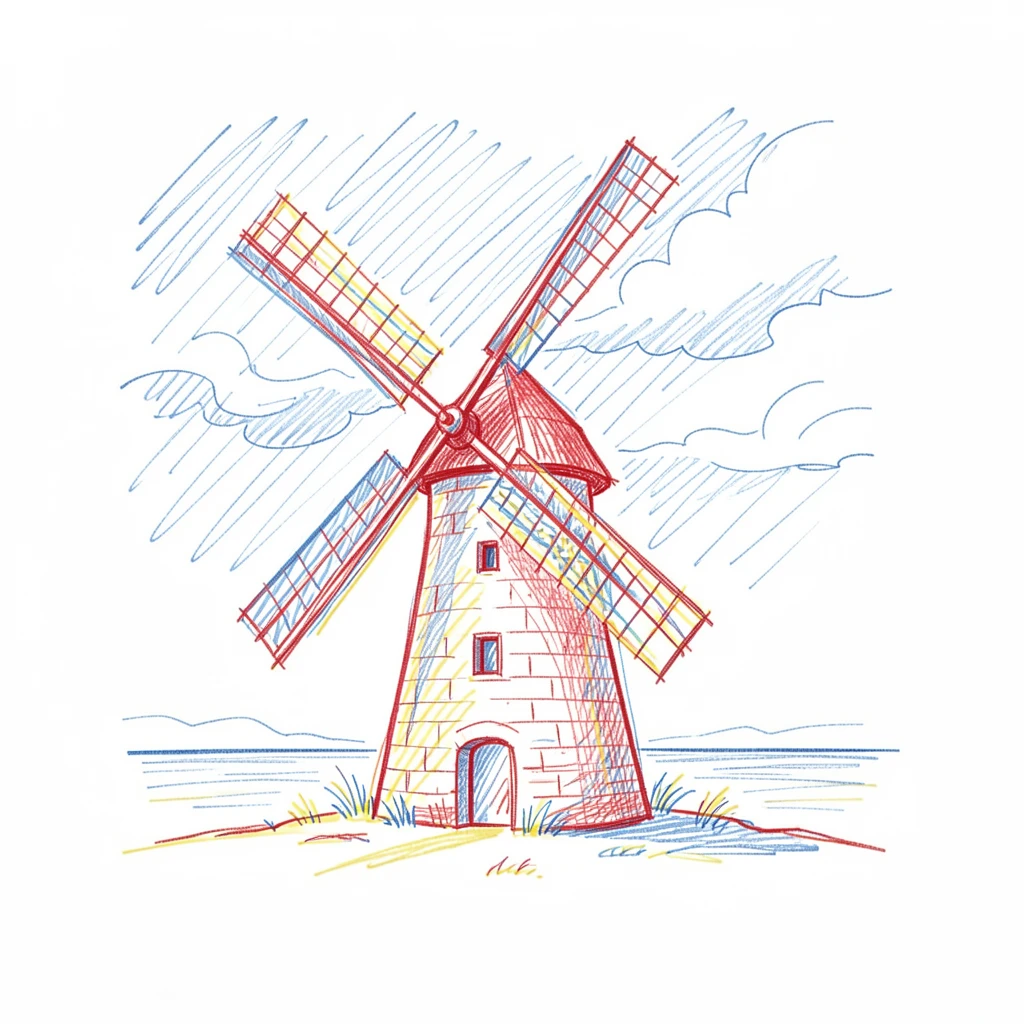 An old stone windmill standing alone against a stormy coastal sky
